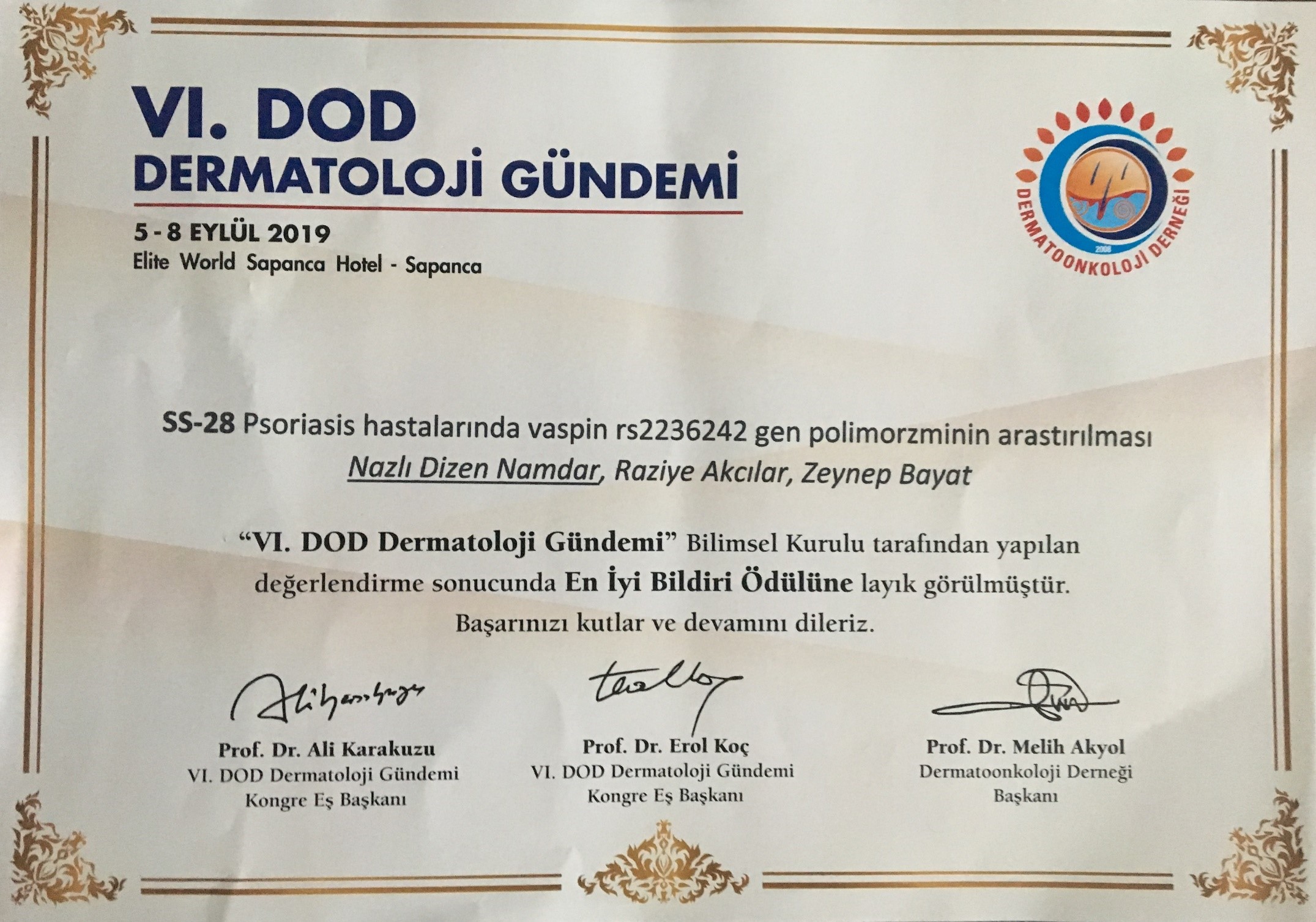 Fakültemiz Dermatoloji ve Fizyoloji Anabilim Dalı Öğretim Üyelerinden Ödül. - 2